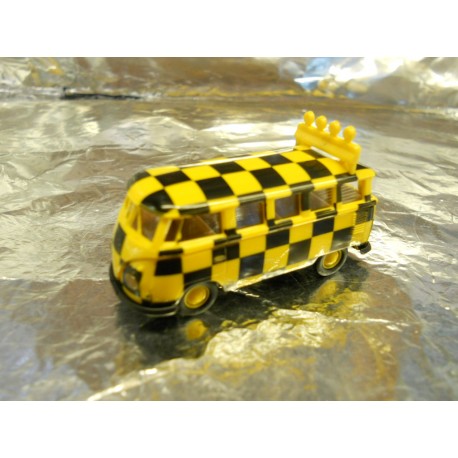 ** Brekina 31793 VW T1 Bus Black/Yellow Checkered with 'Follow Me' Sign on Roof